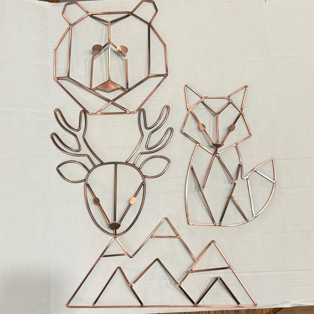 Geometric Metal Wall Art Set 4pc Copper Bear Deer Fox Mountain Woodland Decor